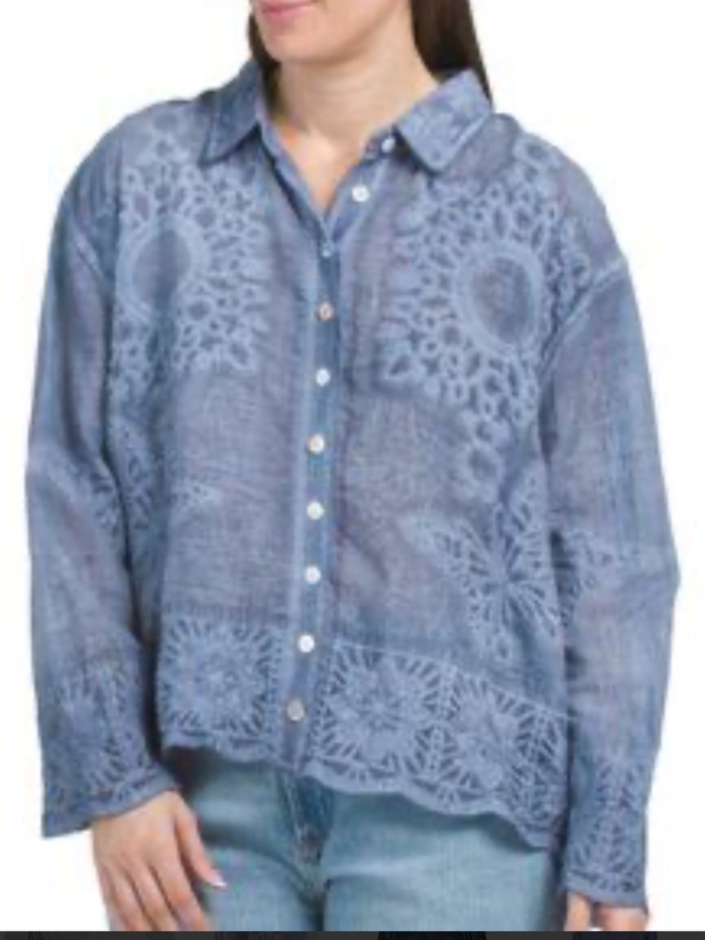 LIV Los Angeles Light Blue Crochet-Pattern Button-Down Shirt lace NWOT XL boho